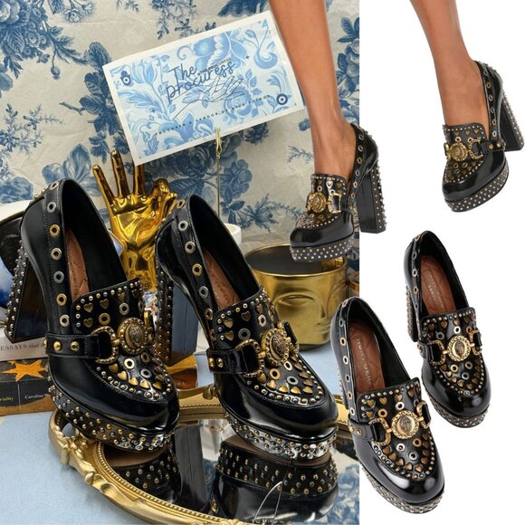 🆕 KURT GEIGER LONDON 🧿 NWOB Mansion Black Patent Studded Loafer Platform Sz 7 - Picture 1 of 16